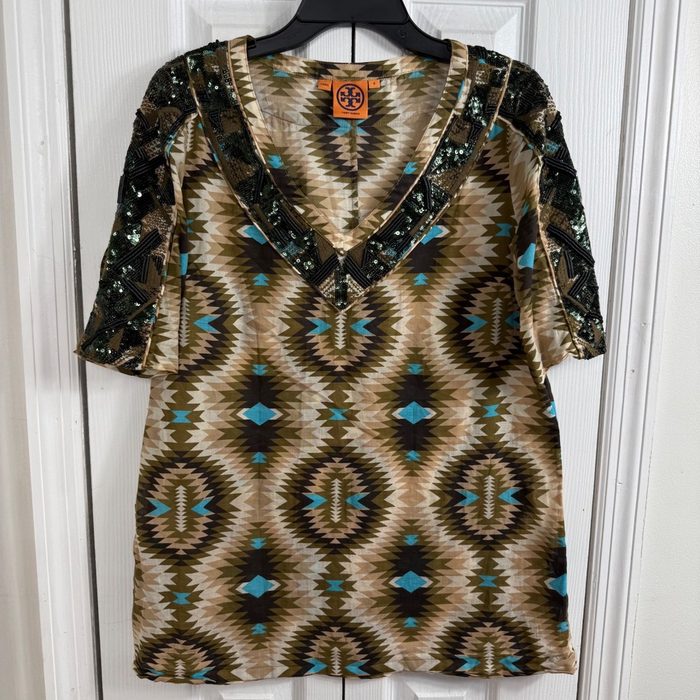 Tory Burch Stephanie Tunic Womens 6 Sequin Beaded Geometric Southwestern Top